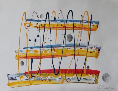 Líneas onduladas en colores azul, amarillo, naranja y rojo sobre fondo blanco con puntos grises.