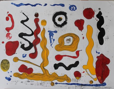 Fondo blanco con manchas de colores rojo, negro, amarillo y formas abstractas.