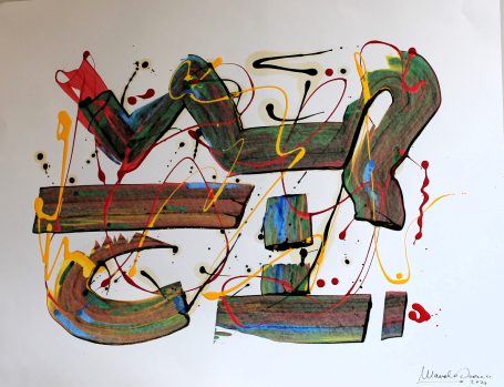 Líneas y formas abstractas en tonos marrones, azules y amarillos sobre fondo blanco.