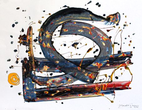 Interpretación abstracta con trazos de colores y formas enérgicas.