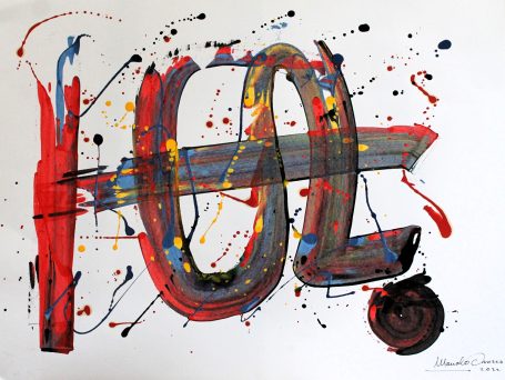 Arte abstracto en colores rojo, negro y amarillo con trazos y salpicaduras.