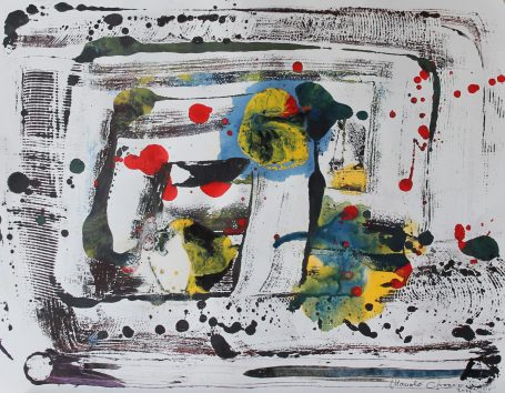 Pintura abstracta con manchas de colores brillantes sobre fondo blanco y negro.