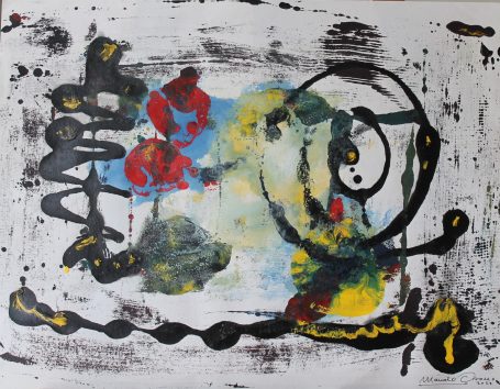 Dibujo abstracto con colores brillantes, formas indistintas y un rostro sonriente.