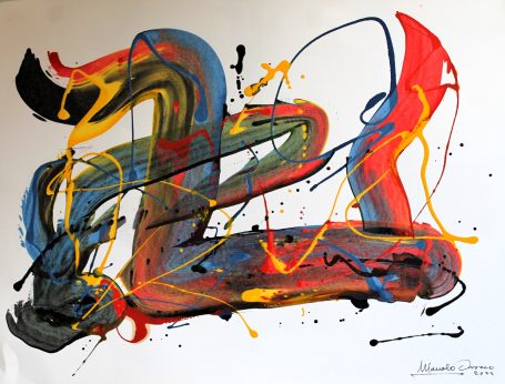 Pintura abstracta con líneas y manchas de colores vibrantes en fondo blanco.