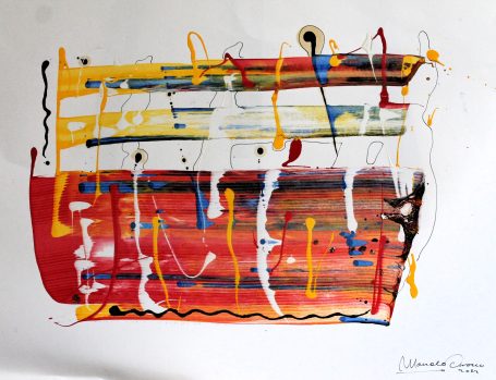 Composición abstracta con líneas de colores y salpicaduras en fondo blanco.