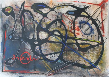 Composición abstracta con líneas negras y toques de rojo y azul sobre fondo multicolor.