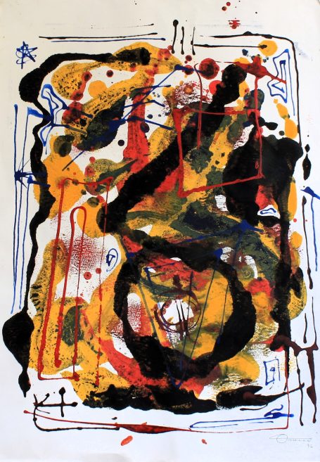 Pintura abstracta con manchas de colores rojo, negro, amarillo y azul sobre fondo claro.