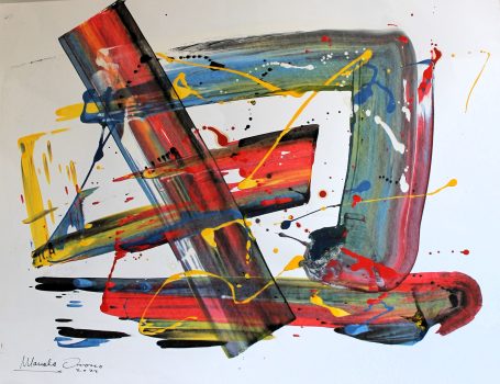 Composición abstracta con líneas y manchas de colores, predominan el rojo y el amarillo.