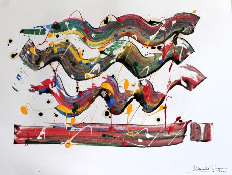 Arte abstracto con ondas de colores vibrantes y salpicaduras en un fondo blanco.