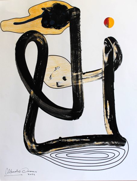 Un diseño abstracto con trazos negros, manchas amarillas y un círculo rojo en la parte superior.