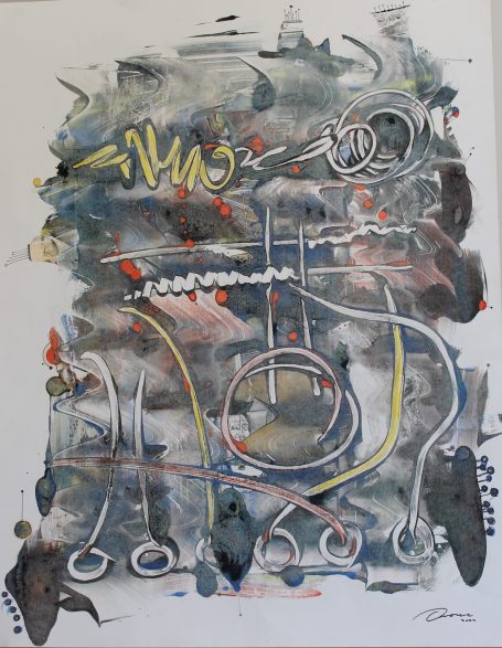 Composición abstracta con trazos en colores variados y formas fluidas.