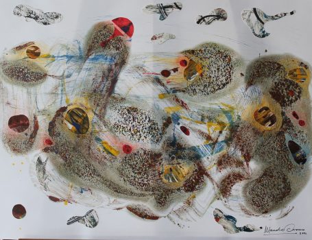 Abstract artwork with various shapes, colors, and textures creating a dynamic composition.