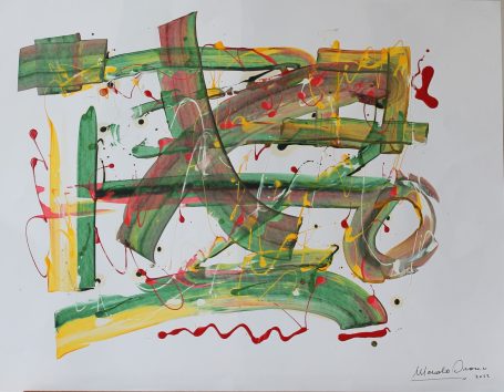 Composición abstracta con líneas y manchas de colores vivos en tonos verdes y rojos.