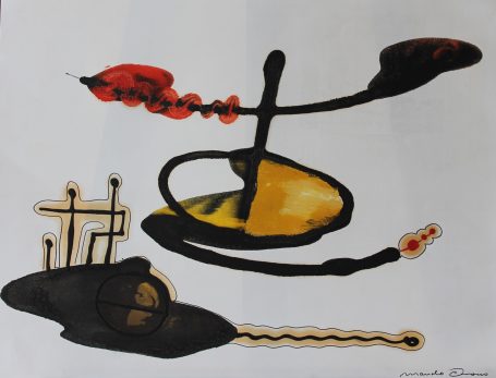 Forma abstracta con colores negro, amarillo y rojo, incluyendo líneas y figuras sinuosas.